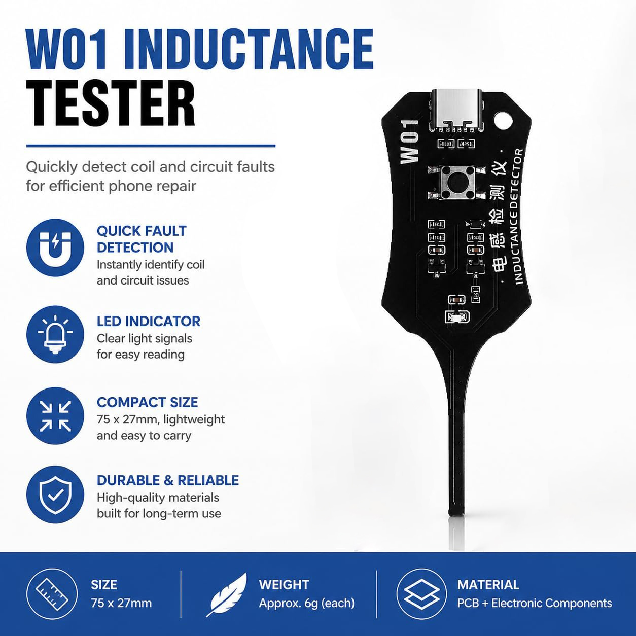 Co Detector Plug - W01 タイプ C インダクタンステスター メインボードコイルテスター インダクタンス検出器