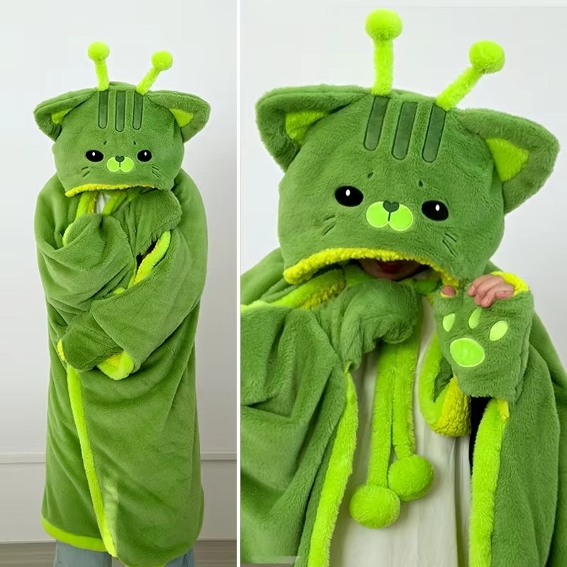 Fire Blanket Kitchen - 漫画風のかわいい宇宙猫のフード付きブランケットぬいぐるみマント、冬用グリーンフランネル着用可能ローブ、手袋付き、自宅オフィスでの昼寝用、女の子へのプレゼント