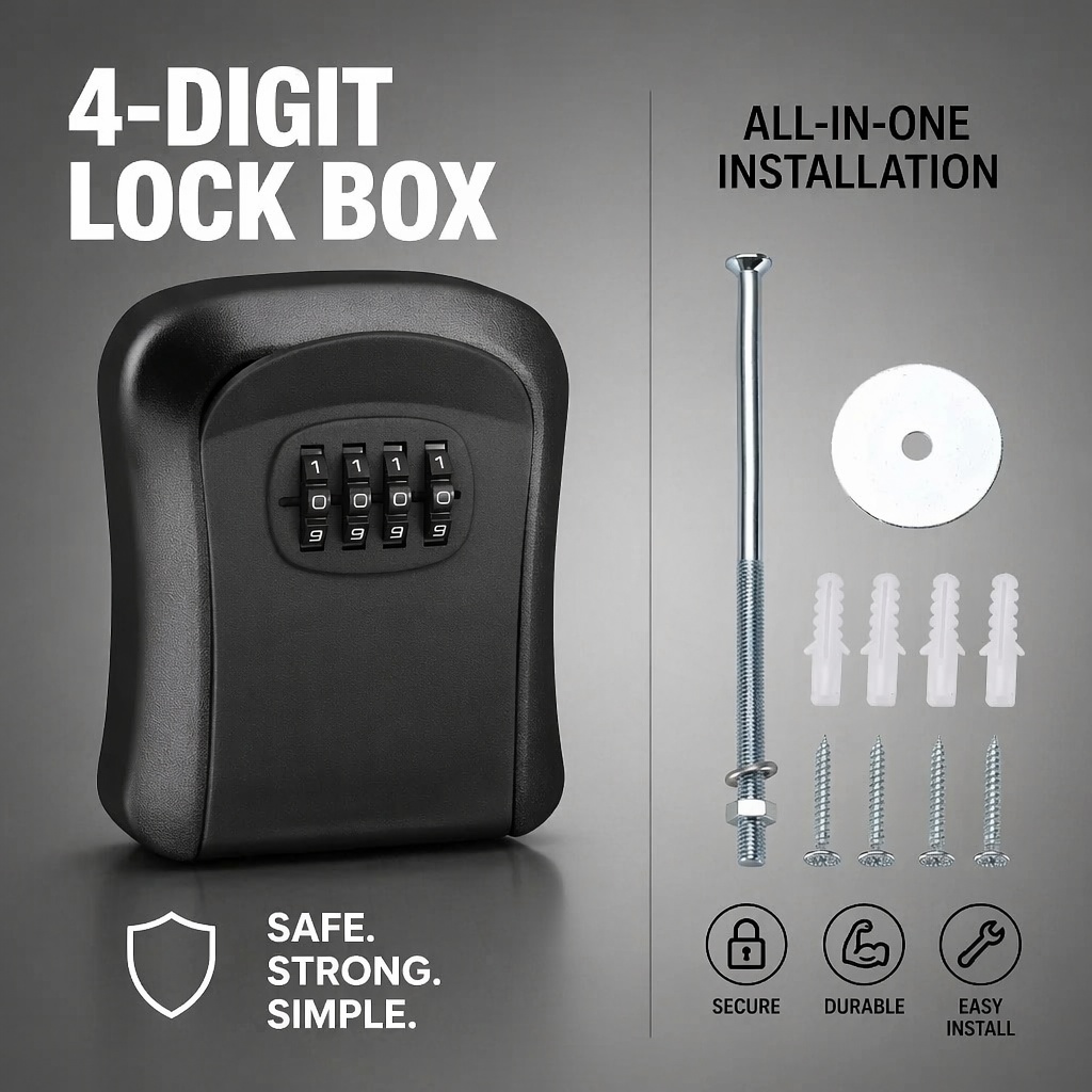 壁掛け防水キー収納ボックス厚みのあるABS盗難防止4桁ロック - Lockbox Key Secure のレビューと価格